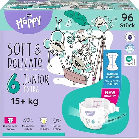 bella baby Happy Nappies Soft & Delicate Size 6 Junior Extra (15+ kg) Pack of 96 Disposable Baby Nappies