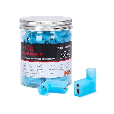 HKS 100 PCS Flag Spade Terminals 90 Degree Female - Blue 16-14 AWG - Nylon Quick Disconnect Wire Connector - Right Angle - Crimp Insulated