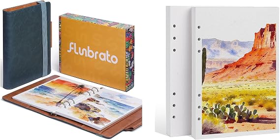 Watercolor Sketchbook A5 Bundle with Refill Paper, 100% Cotton Hot Press 300GSM 140LB, 24 Sheets + 48 Sheets Cold Press Refill, Dual-Sided Texture, Refillable Journal for Mixed Media