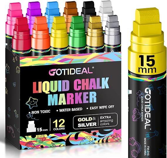 GOTIDEAL Chalk Markers, Car Markers Washable for Auto, Car Window Markers | 15mm Jumbo Liquid Chalk Markers, Car Window Paint for Glass, Mirror, Chalkboard and Blackboard, 12 Colors, 3-in-1 Thick Tip