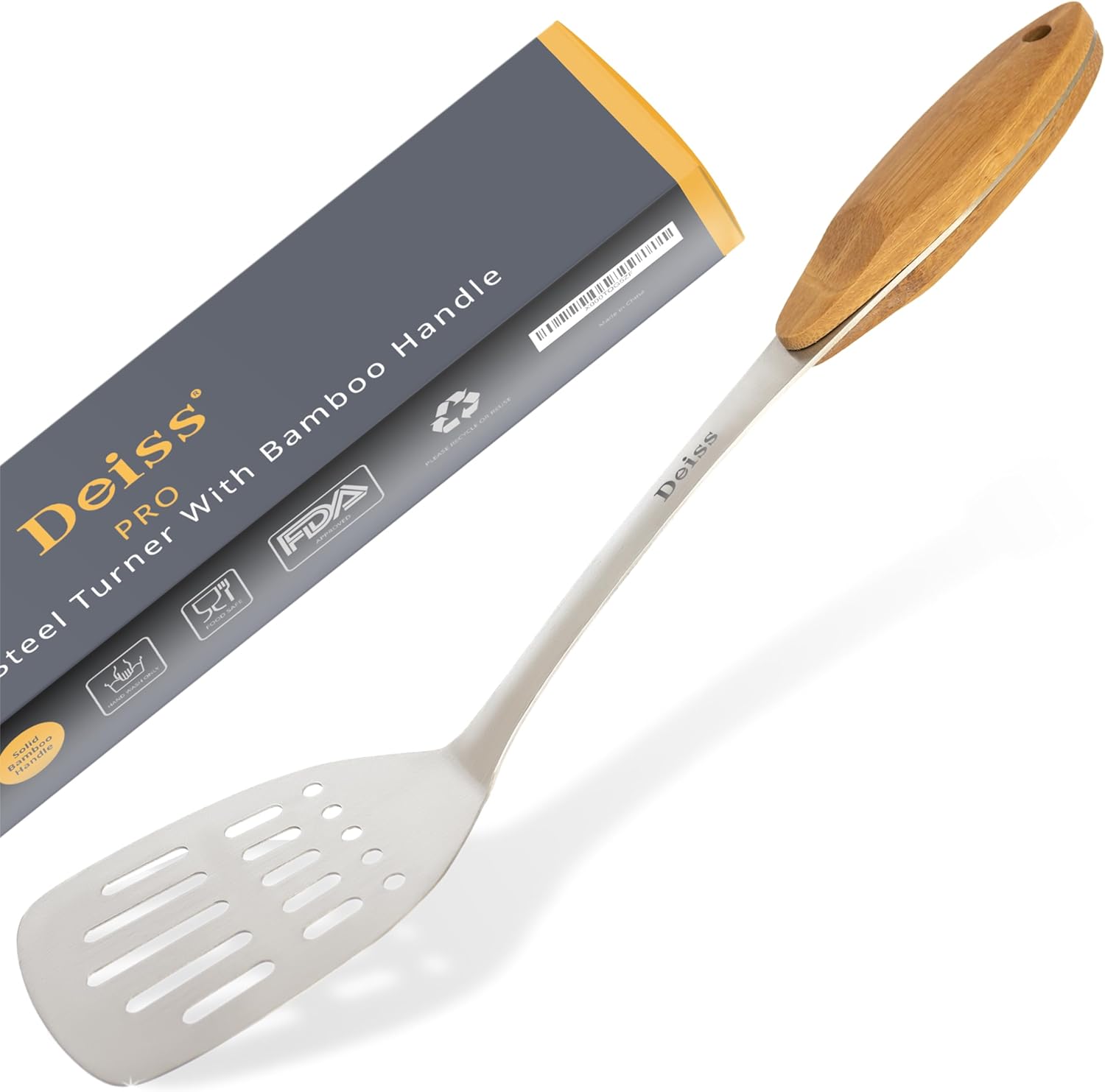 Deiss PRO Metal Spatula with Comfortable Wooden Handle - Kitchen Turner for Scraping, Turning Meat, Mixing Scrambled Eggs - Heat Resistant, Fish, Pancake Spatula WOODEN