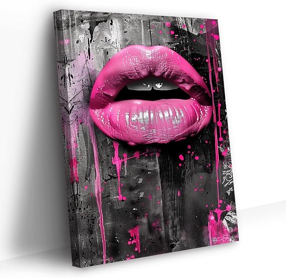 PBXBJY Lips Canvas Wall Art Female Pink Lips Pictures Pink Black Wall Decor Graffiti Painting Print Modern Artwork Beauty Salon Girls Room Decor Frame (12.00" x 18.00")