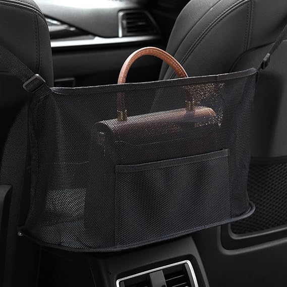 Car Net Pocket Handbag Holder - Auto Net Pocket Purse Holder Between Front Seats Car Storage Organizer, Universal Interior Accessories Barrier of Backseat Pet Kids (Black)