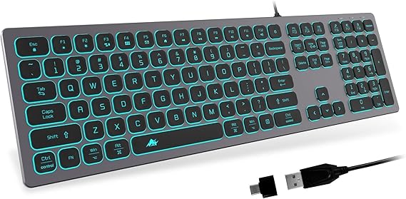 POWZAN Aluminum Quiet Wired Slim Chiclet Keyboard - Compatible with Apple iMac, MacBook, Mac and PC, USB Numeric Keypad RGB Lighted Key - Space Gray