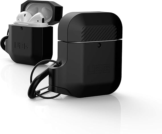 URBAN ARMOR GEAR UAG Compatible with AirPods (1st Gen & 2nd Gen), Full-Body Protective Rugged Water Resistant Soft-Touch Silicone Case with Detachable Carabiner, Black/Black