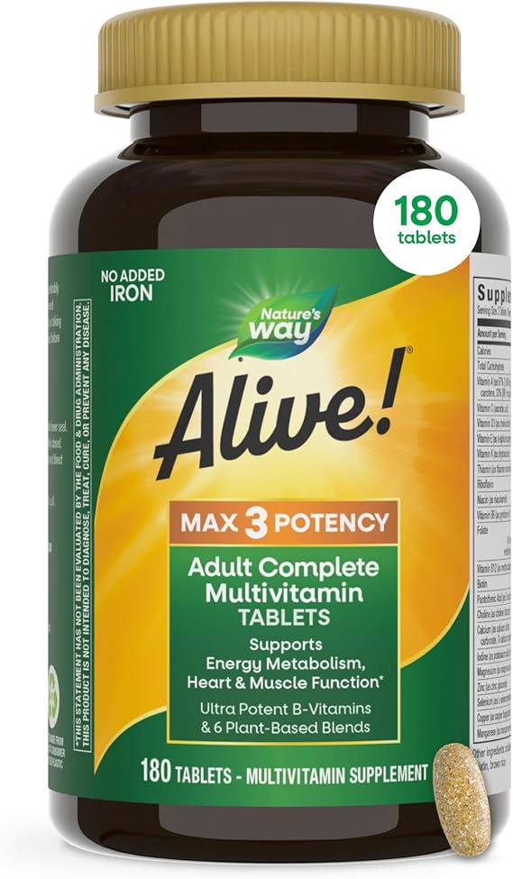 Nature's Way Alive! Max3 Potency Daily Multivitamin, No Iron Added, 180 ct