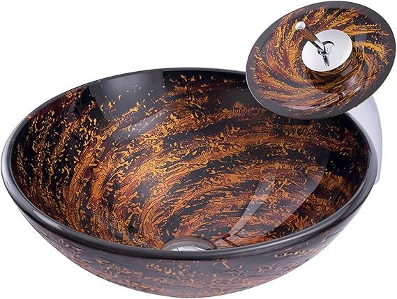 Bathroom Vessel Sink, Round Tempered Glass Vessel Sink Orange and Black Vessel Bowl Sink Artistic Countertop Vanity Vessel Sink with Pop Up Drain Combo, Waterfall Faucet, 420×420×145mm
