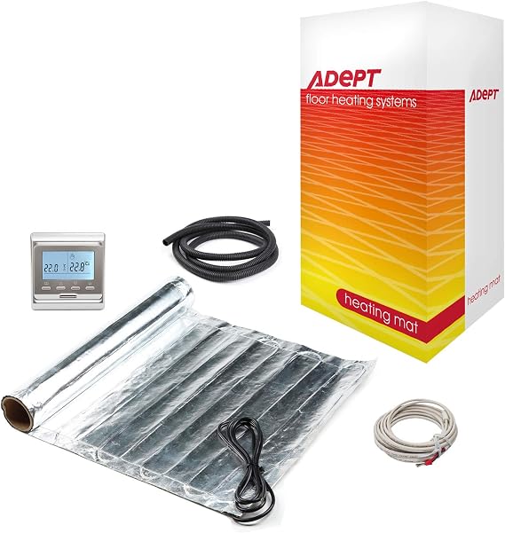 Adept Electric Underfloor Heating Mat Kit - 140W/m2, Fibreglass & Aluminium, Kit, Heating Mat, for Laminate/Engineered Wood Flooring, 8m2 with White Programmable Thermostat