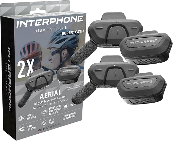 Interphone Aerial Dual Pack Bicycle Helmet Bluetooth Intercom for 2 Riders, Up to 300m Range, GPS, Music & Calls, Waterproof, Wind Noise Reduction