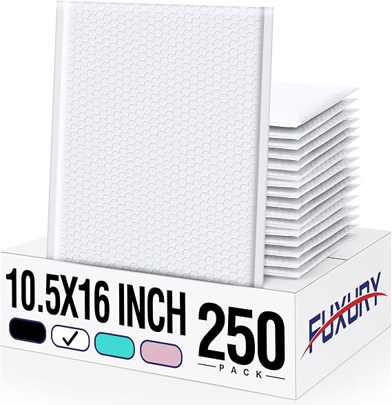 Fuxury White Bubble Mailers 10.5x16 Inch Padded Envelopes 250 Pack Bulk | Self Seal Large Bubble Envelopes Waterproof Cushioning Padded Mailers for Packaging, Small Business,#5