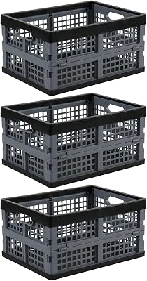 15 L Stackable Plastic Folding Crate, 3-Pack Plastic Collapsible Crates