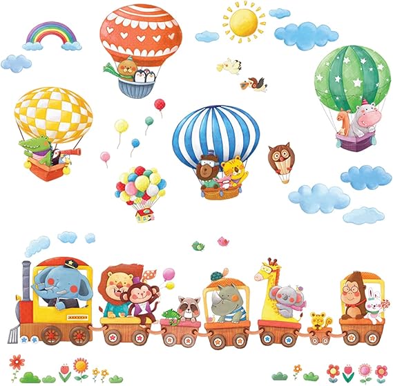 DECOWALL DA4-1406 Animal Train and Hot Air Balloons Kids Wall Stickers Wall Decals Peel and Stick Removable Wall Stickers for Kids Nursery Bedroom Living Room decor
