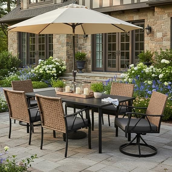 7-Piece Patio Dining Set for 6, Outdoor Dining Set with Wicker Swivel Patio Dining Chairs with Cushions & Black Rectangular Woodgrain Dining Table with 1.75Umbrella Hole, Black & Brown