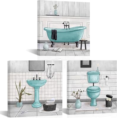 HOMEOART Bathroom Wall Art Bath Tub Painting Picture Bathroom Wall Decor Framed Ready to Hang 12x12inchx3,Turquoise