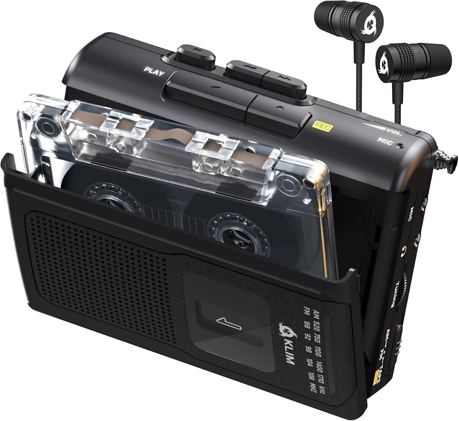 KLIM K8 Cassette Tape Player Portable with F1 Headphones - Cassette Recorder - New Version - AMFM Walkman - Built-in Microphone & Speaker - Headphone Jack & Earphones - Black