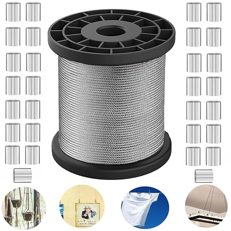 100 m Wire Rope 1 mm Steel Cable Made of 304 Stainless Steel - 7 x 7 Soft / Flexible 40 Pieces M1 Aluminium Crimping Loop Sleeve for Steel Cable Hanging Curtains Curtain Wire Rod Stainless Steel Cable (100 m x 1 mm)