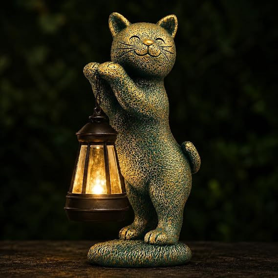 Nacome Cat Outdoor Statues for Garden with Solar Lantern