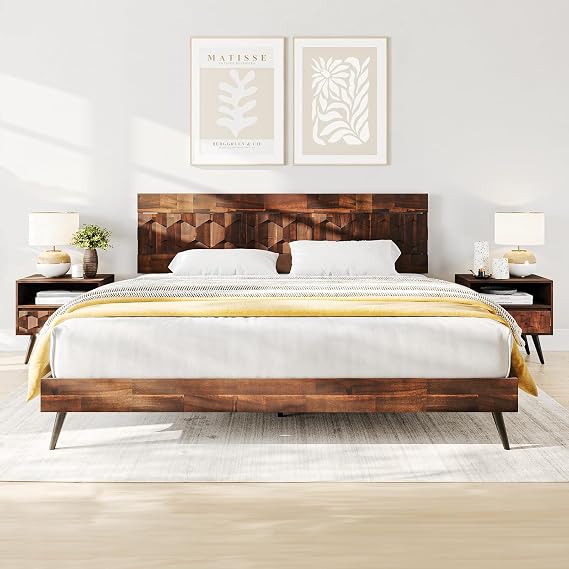 Bme Georgina King Bedframe, Geometric Headboard, Mid Century, Dark Choco