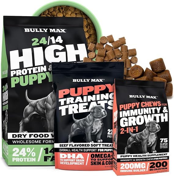 Bully Max Puppy Starter Bundle 24/14 Dry Food with Lamb (5 lb), 2-in-1 Chews & Soft Training Treats for Growth, Immunity & Training Gentle Digestion, Healthy Weight, Skin & Coat for All Breeds