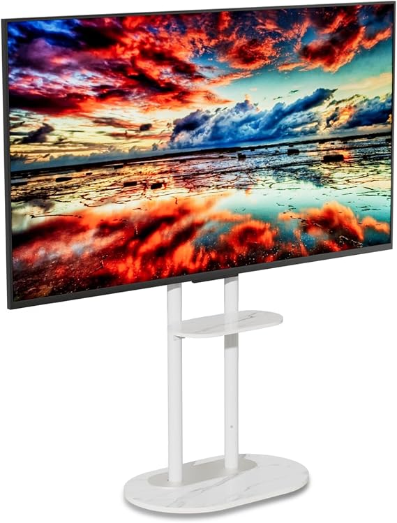 unho White Floor TV Stand with Shelf for 45-75 inch Flat LCD LED Screen TVs,Sintered Stone TV Stands Height Adjustable Heavy Base Standing TV Mount VESA 600x400 for Restroom Meeting Bedroom