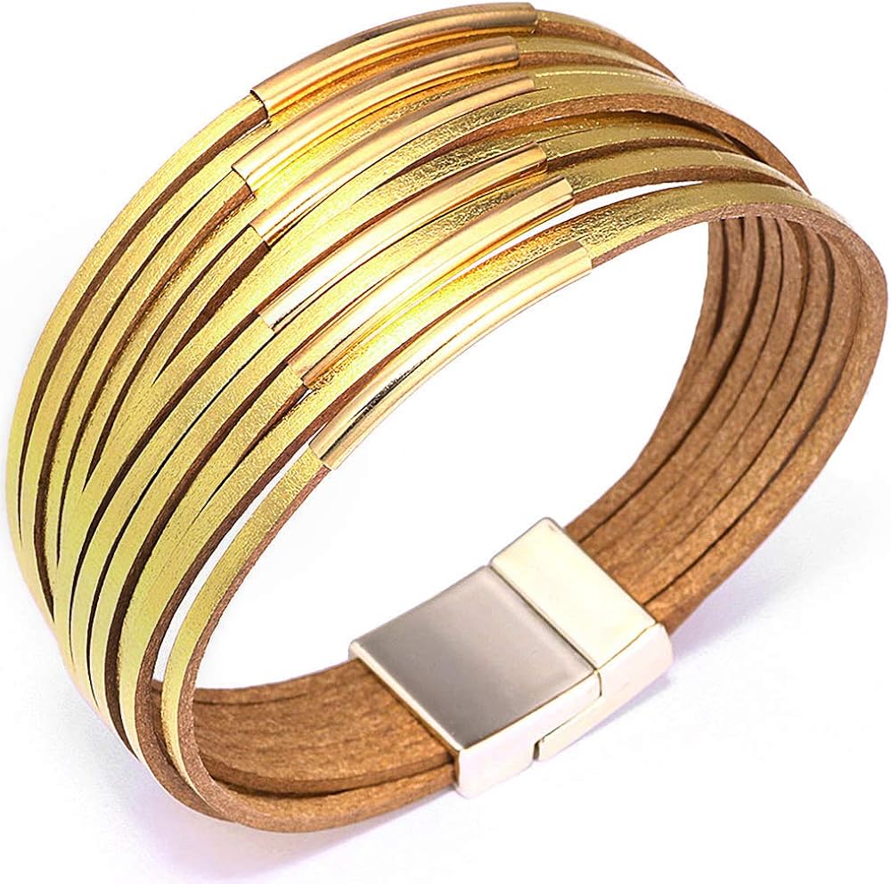 Wovanoo Multi-Layer Leather Bracelets Multi-Strand Wrap Bracelets Handmade Braided Rope Cuff Bangle with Magnetic Buckle Jewelry