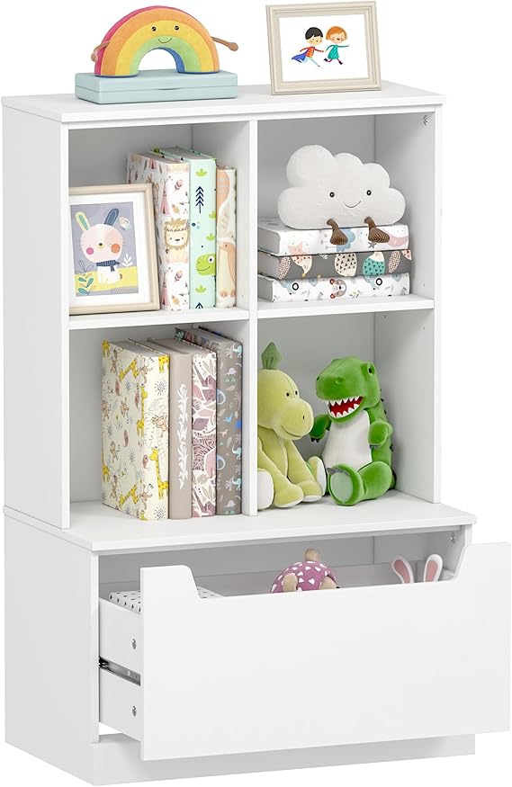 UTEX Kids Bookshelf and Toy Storage Organizer, Toddler Bookcase with Cubby | Adjustable Wood Shelf, Full-Width Drawer, Perfect Height for Kids, Bedroom, Playroom, Nursery, Wood, Kids Gift, White