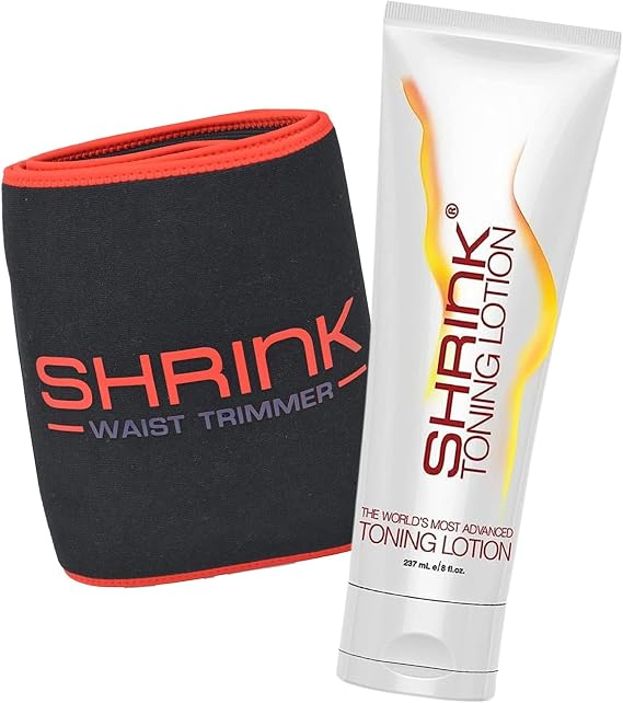 shrink Toning Lotion with Waist Trimmer Bundle - Heat Activated Cellulite Cream (8oz) and Sweat Band Waist Trainer
