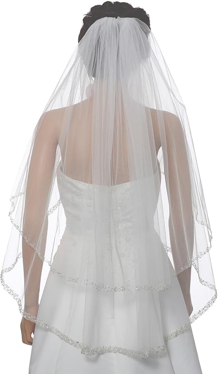 SAMKY 2T 2 Tier Dual Edge Embroided Pearl Crystal Beaded Veil Fingertip Length 36"