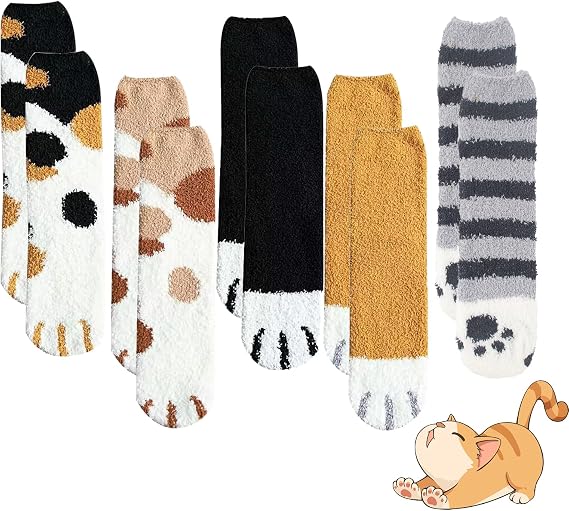 5 Pairs Fluffy Cat Paw Pattern Animal Bed Socks, Soft Fuzzy Cozy Cute Women's Home Bed Socks