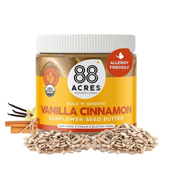 88 Acres Organic Sunflower Seed Butter, Vanilla Cinnamon, 14 oz Jar, 2 Pack, Butter Spread with 5g Plant-Based Protein, Gluten Free, Nut Free, Vegan, Non-GMO