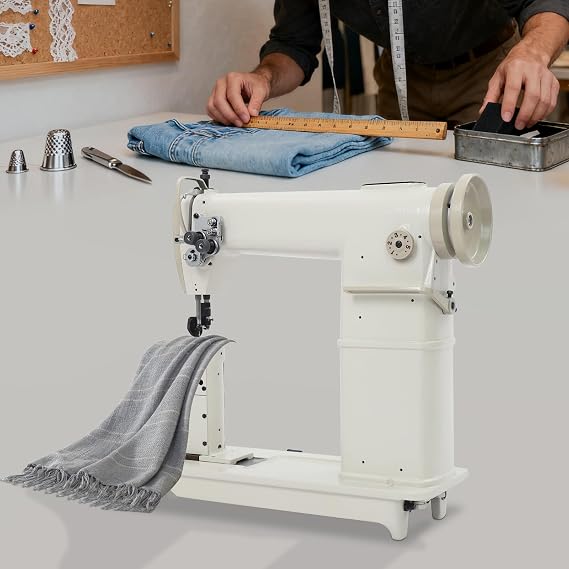 Industrial Sewing Machine with High Column Design, Dual Needle Heavy Duty for Leather Canvas Shoes Bags, Cylinder Bed (Beige)