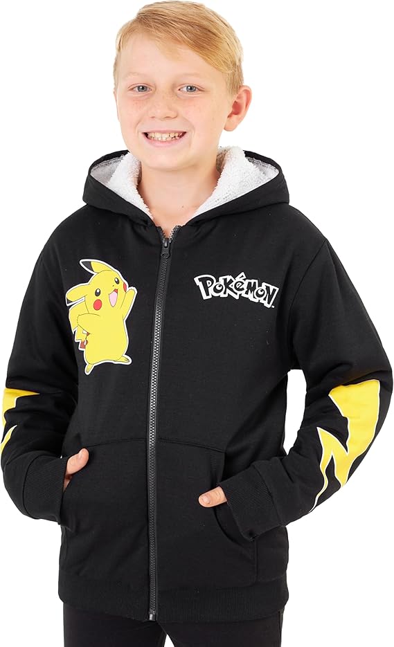 Pokemon Sherpa Fleece Hoodie for Boys, Teens, Ages 7-14, Hooded Zip-Up Sweatshirt, Warm Hoodies, Anime Gifts for Boys