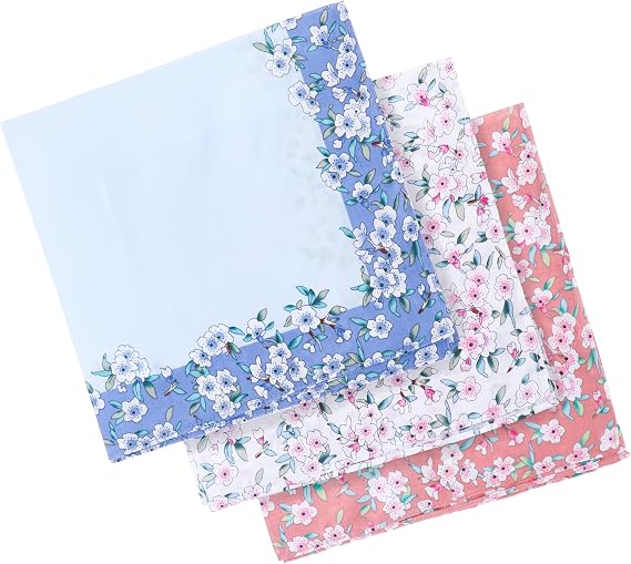 Bewudy 3 Pcs Ladies Floral Handkerchiefs, Women's Vintage Floral Cotton Handkerchiefs for Wedding Party or Everyday Use