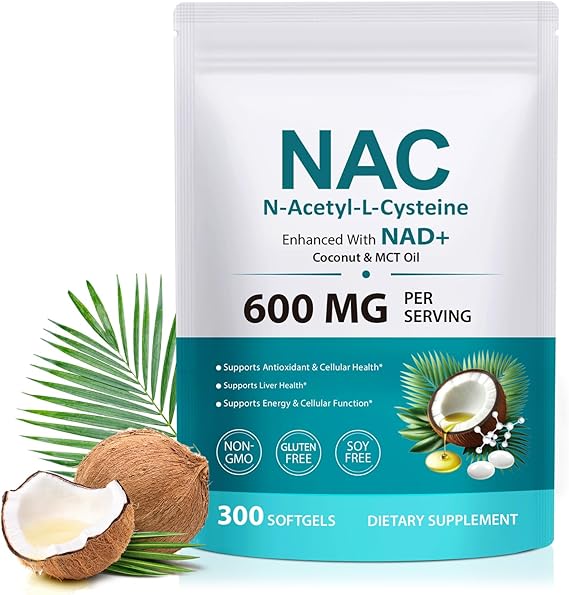 NAC Supplement Softgels, 300 Count N-Acetyl Cysteine Supplement with NAD+, Coconut & MCT Oil, Antioxidant & Cellular Health Support, Normal Liver Function