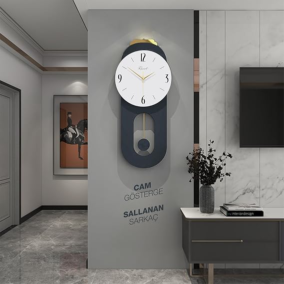 Cam Yüzeyli Hareketli Sarkaçlı Dekoratif Duvar Saati 70x30cm Antrasit renk