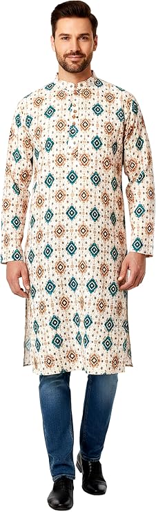 Chandrakala Slim Fit Printed Kurta for Men Cotton Long Sleeve Straight Tunic (MK114-P)