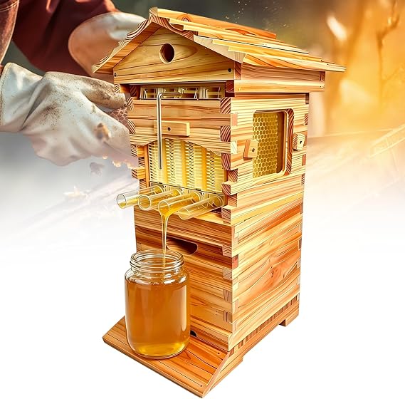 Automatic Flow Hive Beehive Kit - Complete Beekeeping Supplies Starter Kit with Stand, Bee Boxes, Frames & Auto Honey Harvest System，Includes 6 bee Frames and 4 Honeycomb Trays
