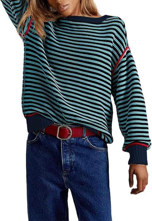 LKOUS Women Casual Oversized Striped Sweaters Long Sleeve Crewneck Sweatshirt Color Block Pullover Top Fall Outfits
