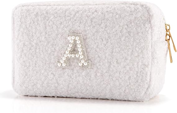 Anforsun Personalized Initial Travel Makeup Bag, Makeup Bag Travel Cosmetic Bag, Sherpa Teddy Pearl Letters A