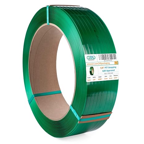 IDL Packaging 5/8" x .035" x 4000' Polyester (PET) Strapping Roll of 16" x 6" Core Size, 1400 lbs Break Strength, Green - UV, Water, and Rust Resistance - Affordable and Lightweight Poly Strapping