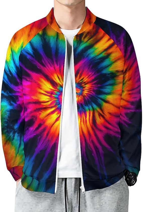 Men's Rainbow Tie Dye Jacket Casual Spring Fall Windbreaker Bomber Zip Up Coat