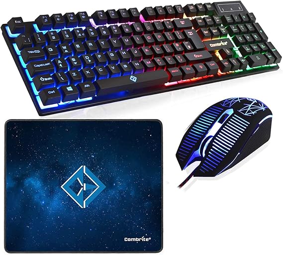 Raptor Gaming Keyboard And Mouse Set With Large Mouse Pad, Rainbow LED, USB Wired Desktop Combo, UK Layout, For Desktop PC, Laptop, PS4, PS5, Xbox One, Black (Black)