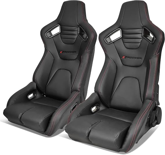 Universal Racing Seats Pair with Dual Sliders Black with Red Stitch PU | IKON MOTORSPORTS, Carbon Leather Reclinable Left Right