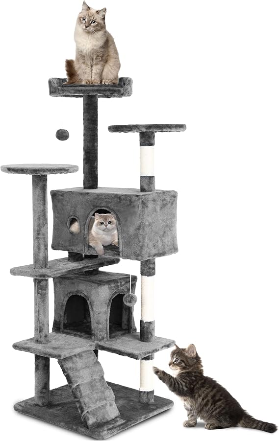 Cat Trees Towers for Large Cats 54" Tall - Cat House with Scratching Posts, Cozy Condo, Bed Cave, Climbing Ladder & Pom Pom Toys - Cat Furniture - Ashy Gray