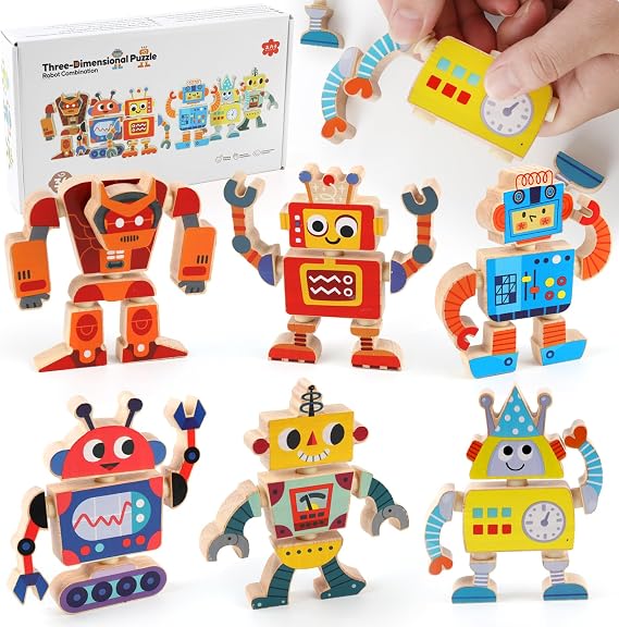 Hopton Robot Building Set Wooden, Stackable Robots Montessori Toy for 3+