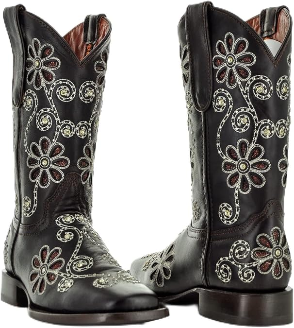 Soto Boots Womens Studded Flower Square Toe Cowboy Boots M50053 (Dark Brown,8)