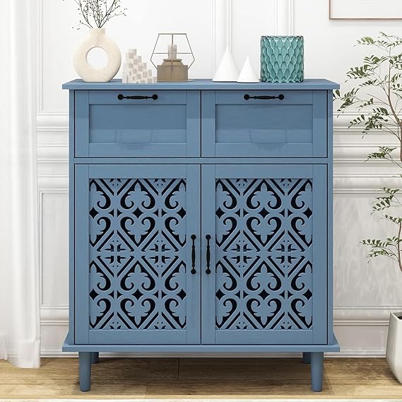 Blue Buffet Sideboard Cabinet with 2 Doors 2 Drawers- Accent Cabinet with Adjustable Shelves,31.5 Inch Wide Wood Storage Cabinets for Dining Room,Living Room and Kitchen