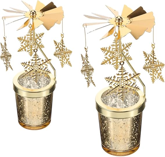 Holibanna Rotating Candlestick Christmas Carousel Tea Light Gold Candle Holder (2PCS Snowflake) | 6.29X6.29X12.99In, Wedding Centrepiece Dinner Table Ornament Party Decoration