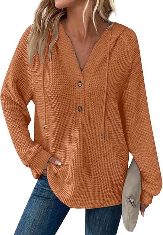 COTECRAM Hoodies for Women Waffle Knit Drawstring Button V Neck Long Sleeve Casual Pullover Sweatshirt Fashion Hooded Tops