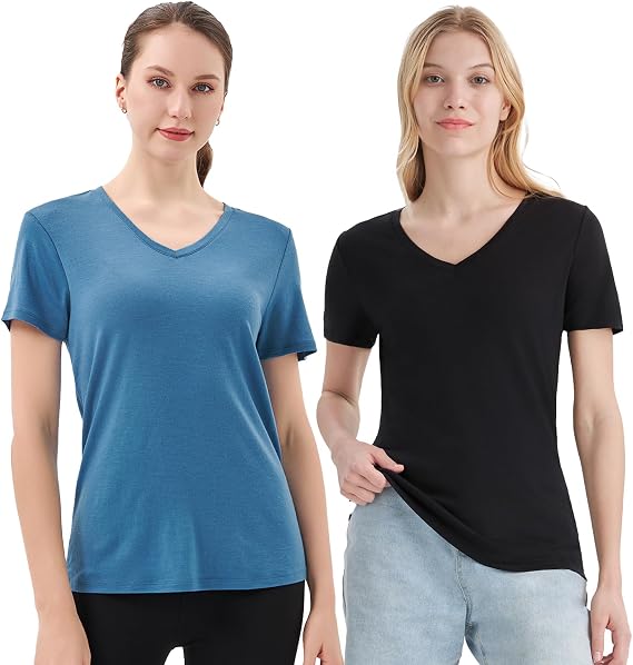 Merino Protect 100% Merino Wool V Neck T-Shirt Women Short Sleeve Shirts Odor Resistance Tops for Outdoor Hiking 2Pack